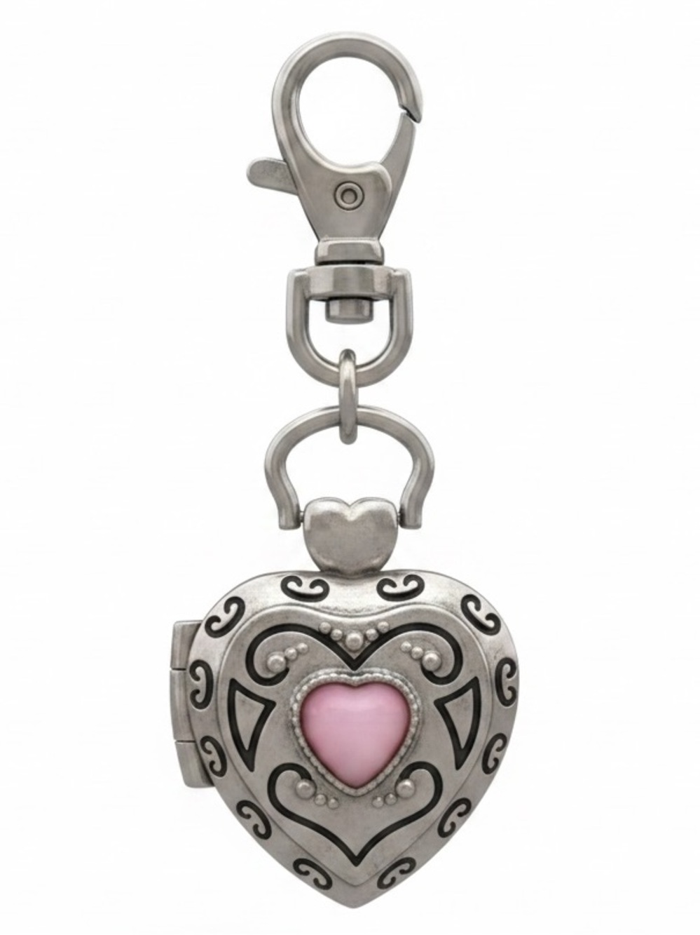 Heart Clock Locket Keychain/Bag Charm with Pink Inlay